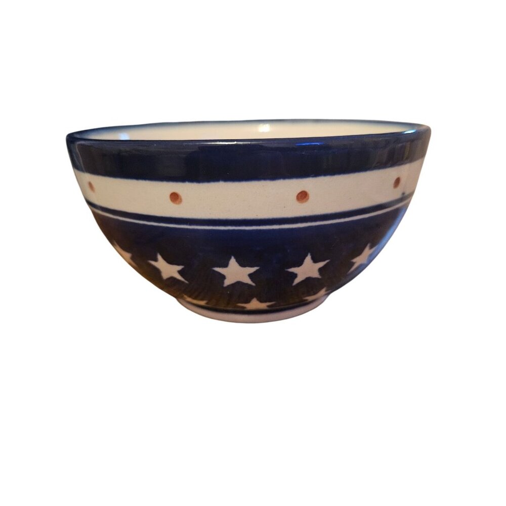Handmade Boleslawiec Polish Pottery Small Bowl Blue Stars Pattern 5" Diameter - Picture 2 of 4
